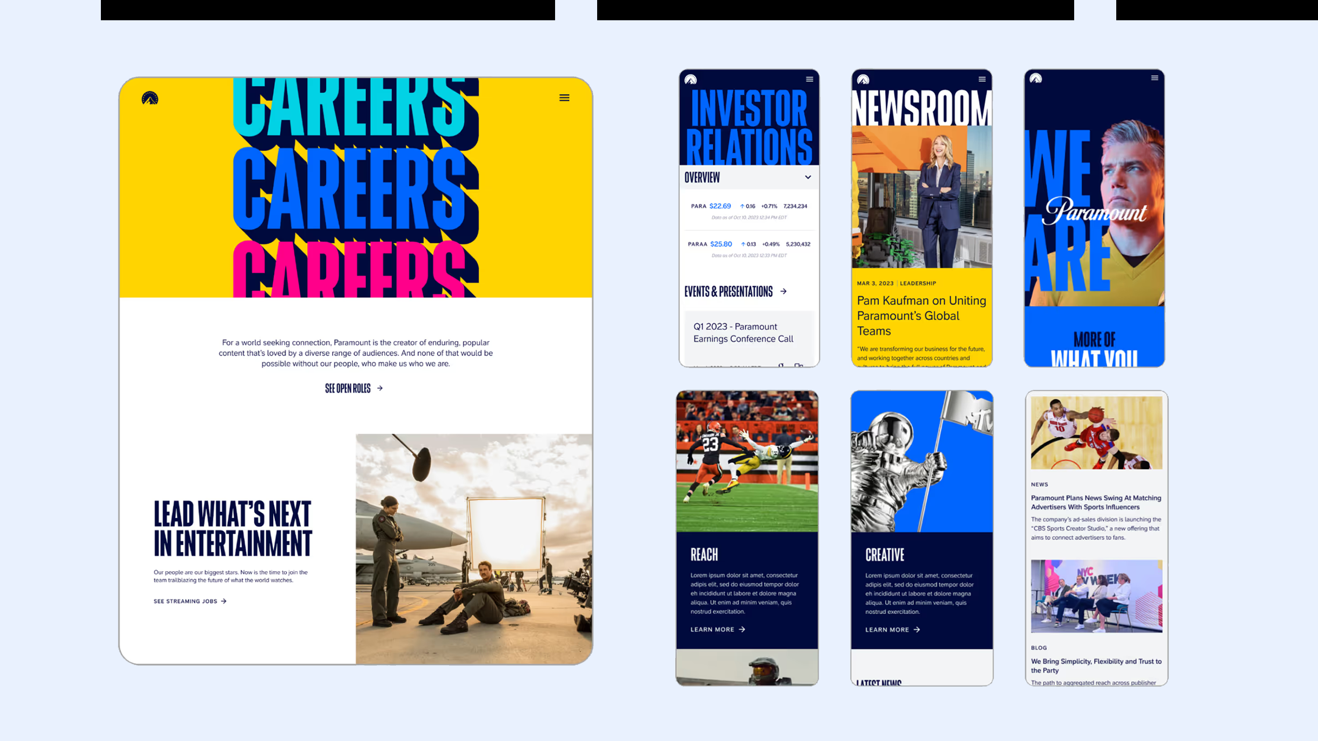Paramount site redesign — overview of key screens